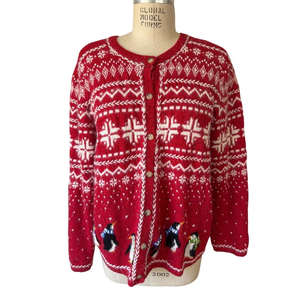 Coldwater Creek Knit Holiday Cardigan Sweater Penguin Snowflake Size XXL